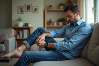 Homme d'âge moyen ajustant un bracelet électronique dans un salon