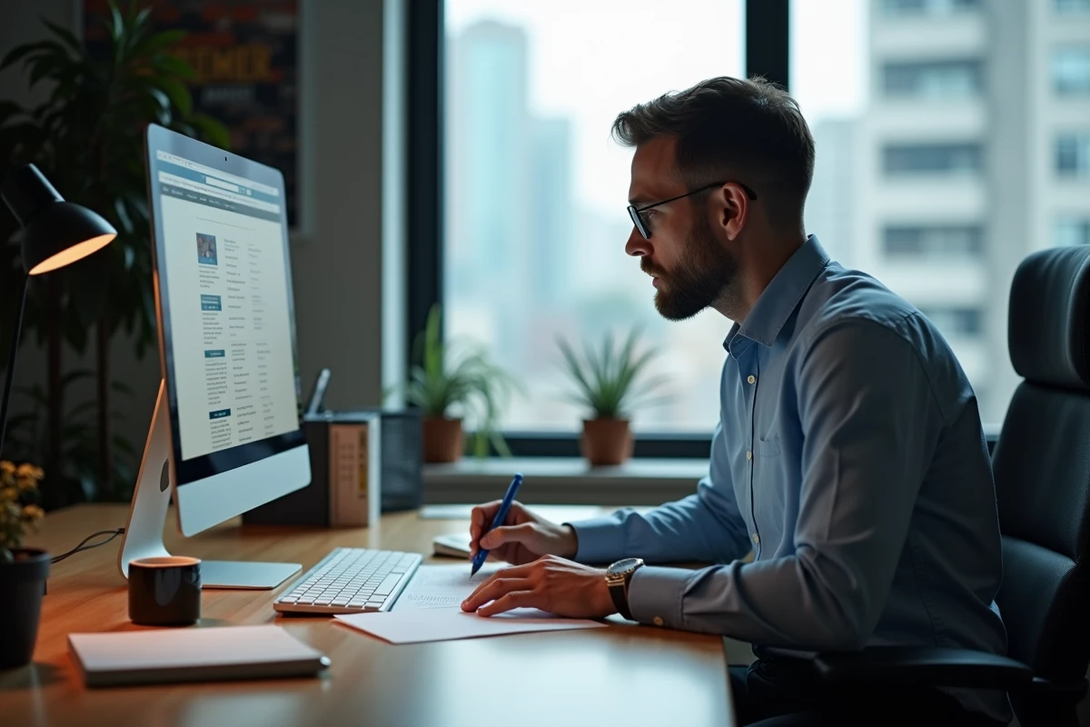 Homme étudiant ses recherches dans un bureau à domicile