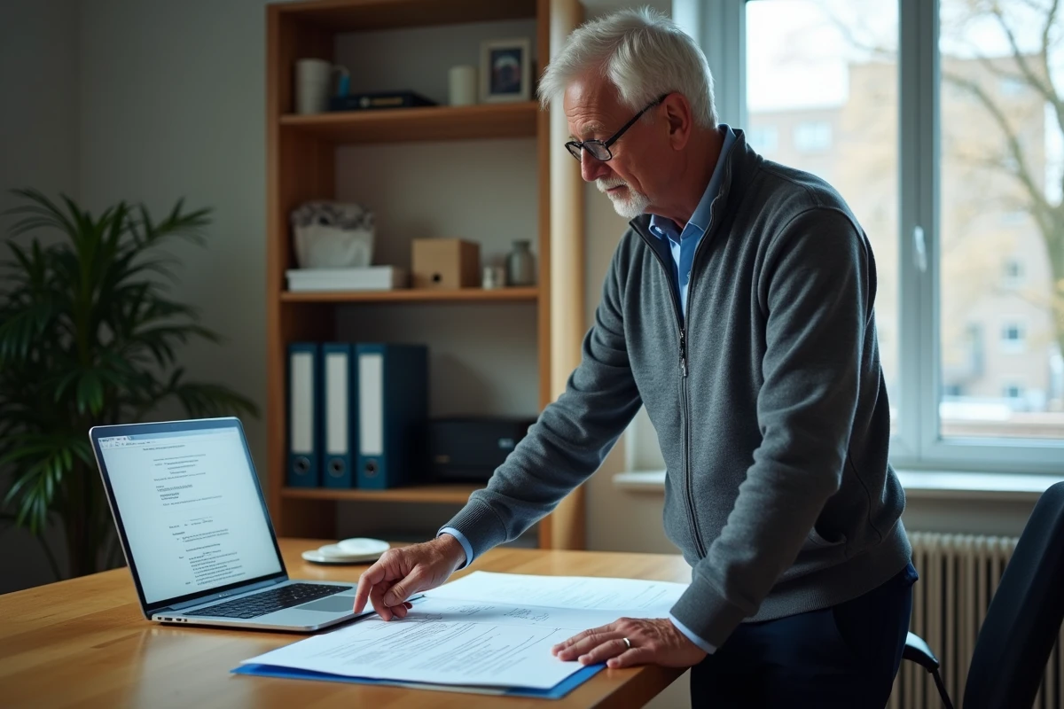 Homme consultant un formulaire d'attestation d'hébergement sur son bureau avec un ordinateur portable ouvert sur un site officiel
