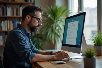 Homme en chemise casual regarde son ordinateur à domicile