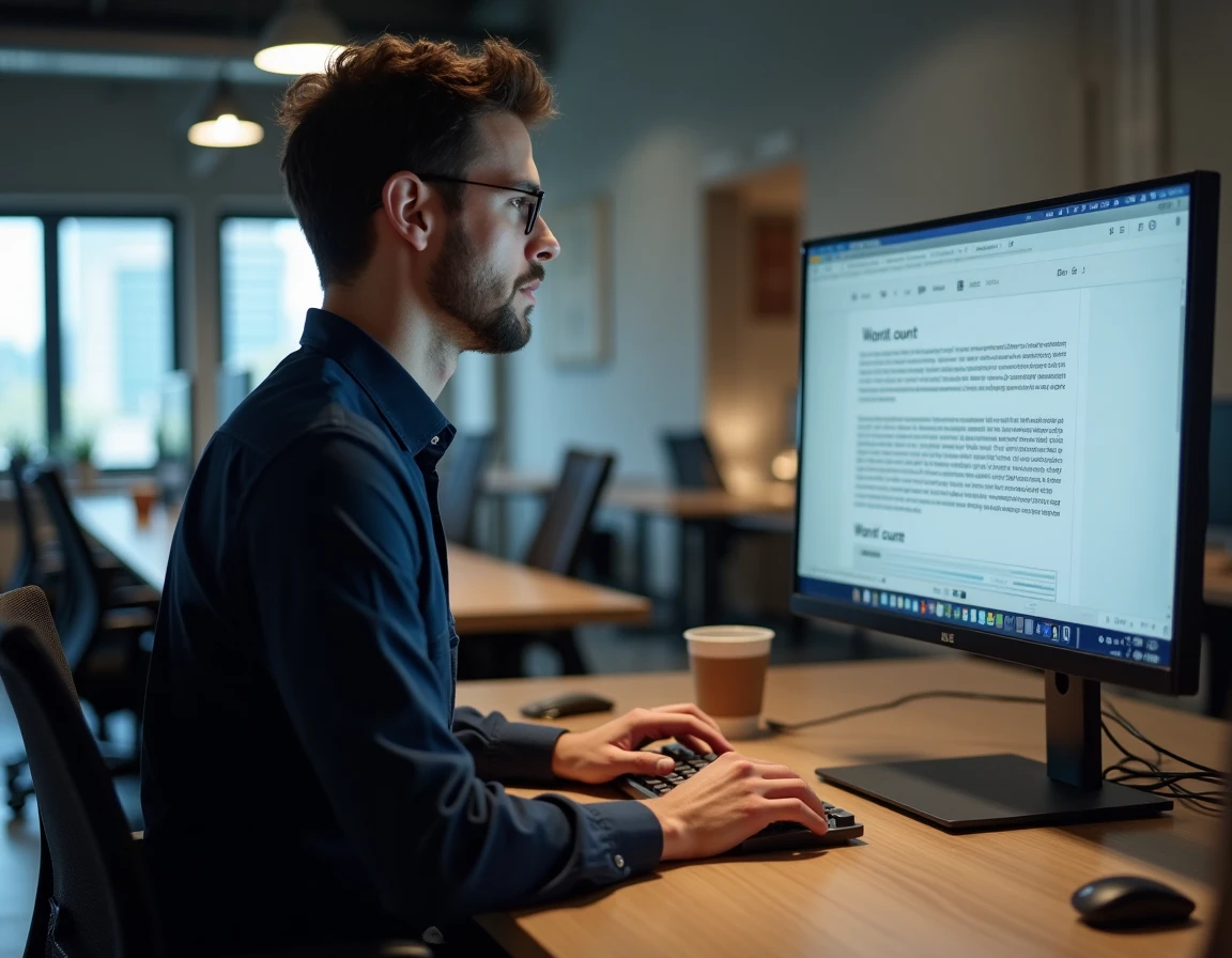 Homme debout à un bureau ergonomique dans un espace de coworking, tapant un texte sur ordinateur avec un compteur de mots visible à l'écran