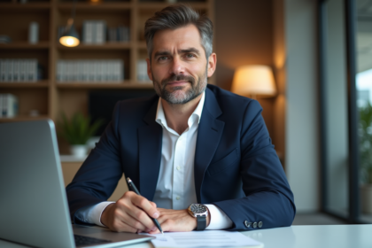 Homme d'affaires confiant en costume dans un bureau professionnel