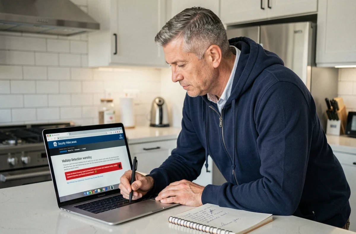 Homme inspectant une alerte de détection de malware sur son ordinateur portable dans une cuisine moderne