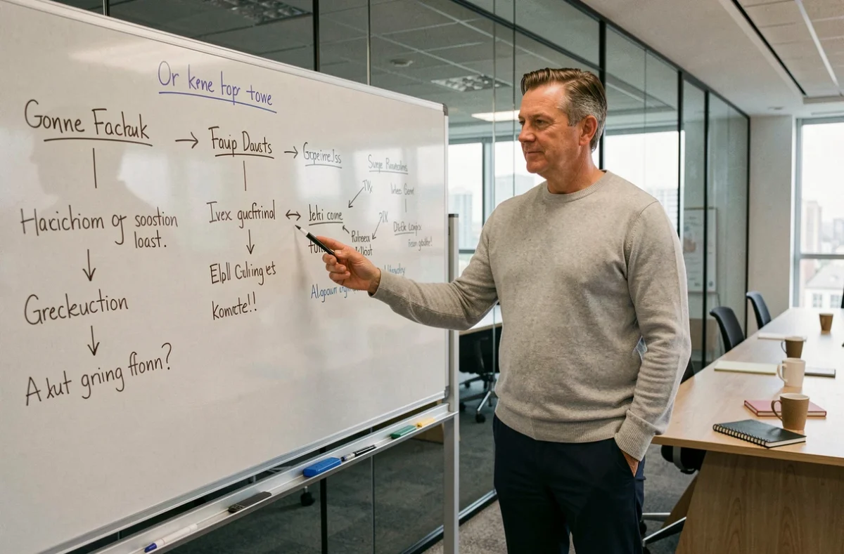 Homme expliquant des concepts complexes simplifiés sur un tableau blanc dans une salle de réunion moderne, illustrant la pédagogie sans jargon technique