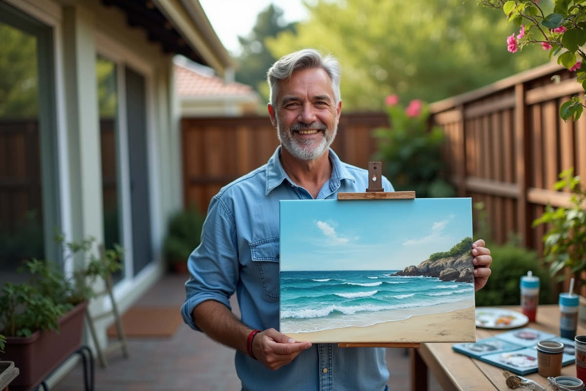 Homme souriant montrant sa peinture paintbynumbers terminée en extérieur
