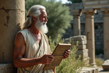 Homme grec ancien avec laurier et tablette gravée