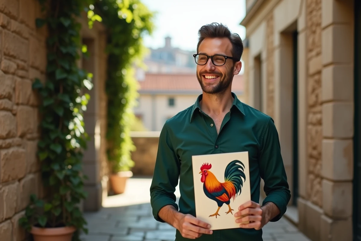 Homme montrant une illustration de coq dans une cour urbaine