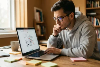 Homme jouant au morpion en ligne sur un ordinateur portable avec une expression concentrée dans un bureau à domicile chaleureux