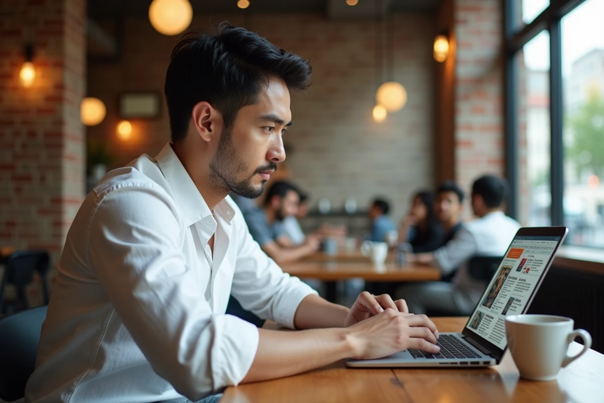 Homme lisant un site de scans manga sur son ordinateur portable dans un café urbain branché