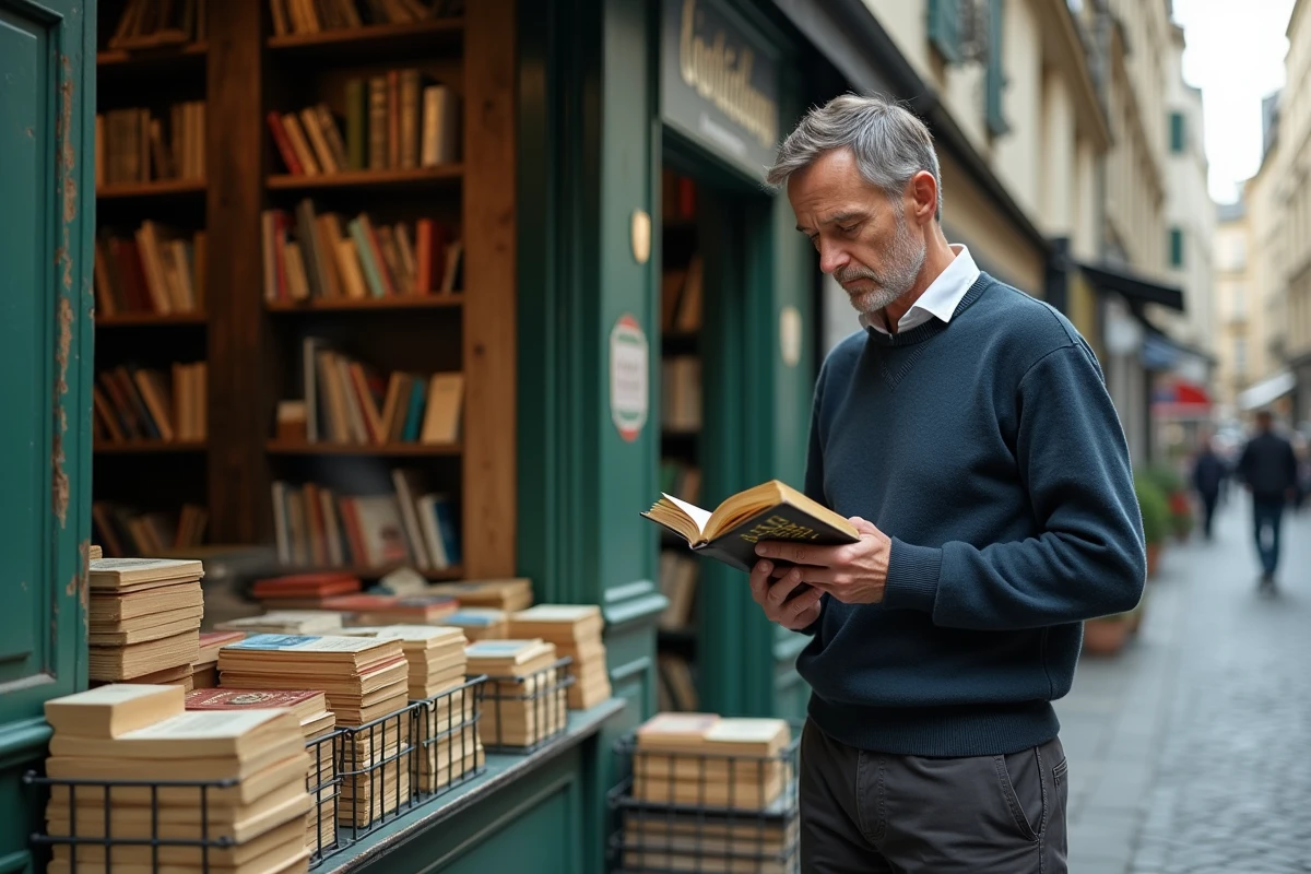 Homme feuilletant des livres de poche devant une librairie d'occasion en plein air dans une rue pavée