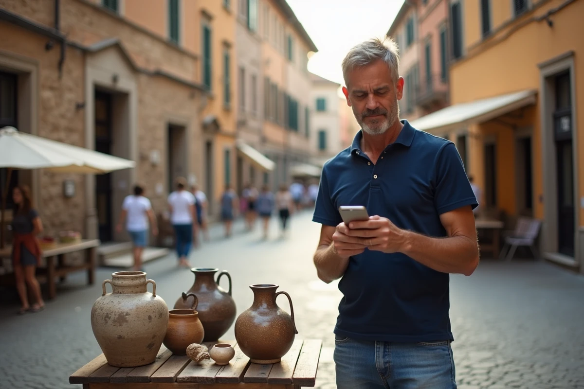 Homme consultant une application d'annonces italiennes sur smartphone dans un marché aux puces en plein air sur une piazza italienne