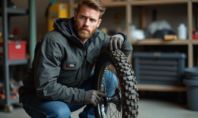 Homme barbu inspectant un pneu de moto dans un garage organisé