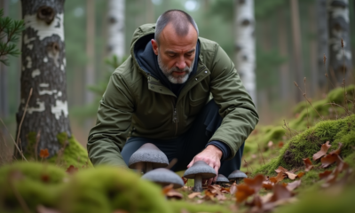 Homme d'âge moyen examine des champignons en forêt