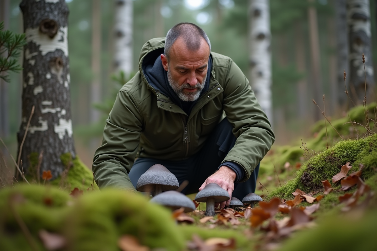 Homme d'âge moyen examine des champignons en forêt