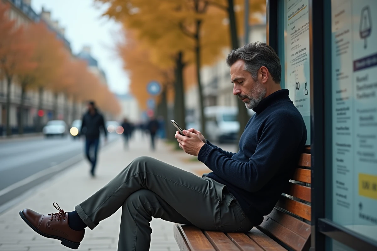 Homme consultant les notifications RATP en temps réel sur mobile à un arrêt de bus parisien