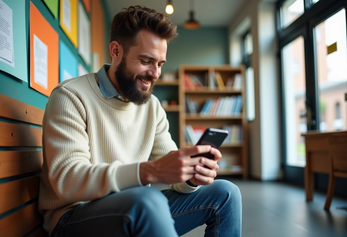 Homme regardant son smartphone dans espace communautaire