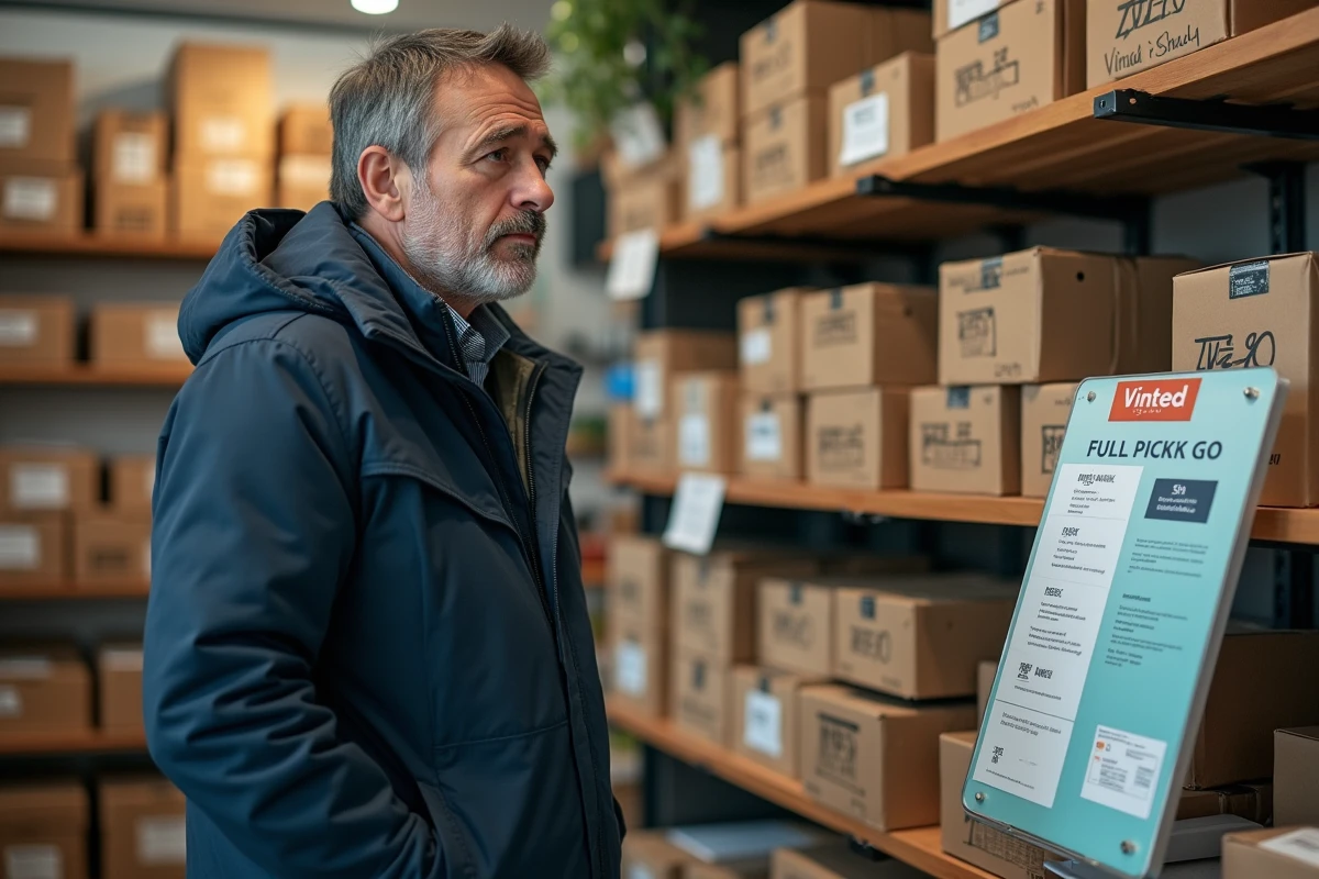 Homme en parka regardant les colis Vinted dans une boutique