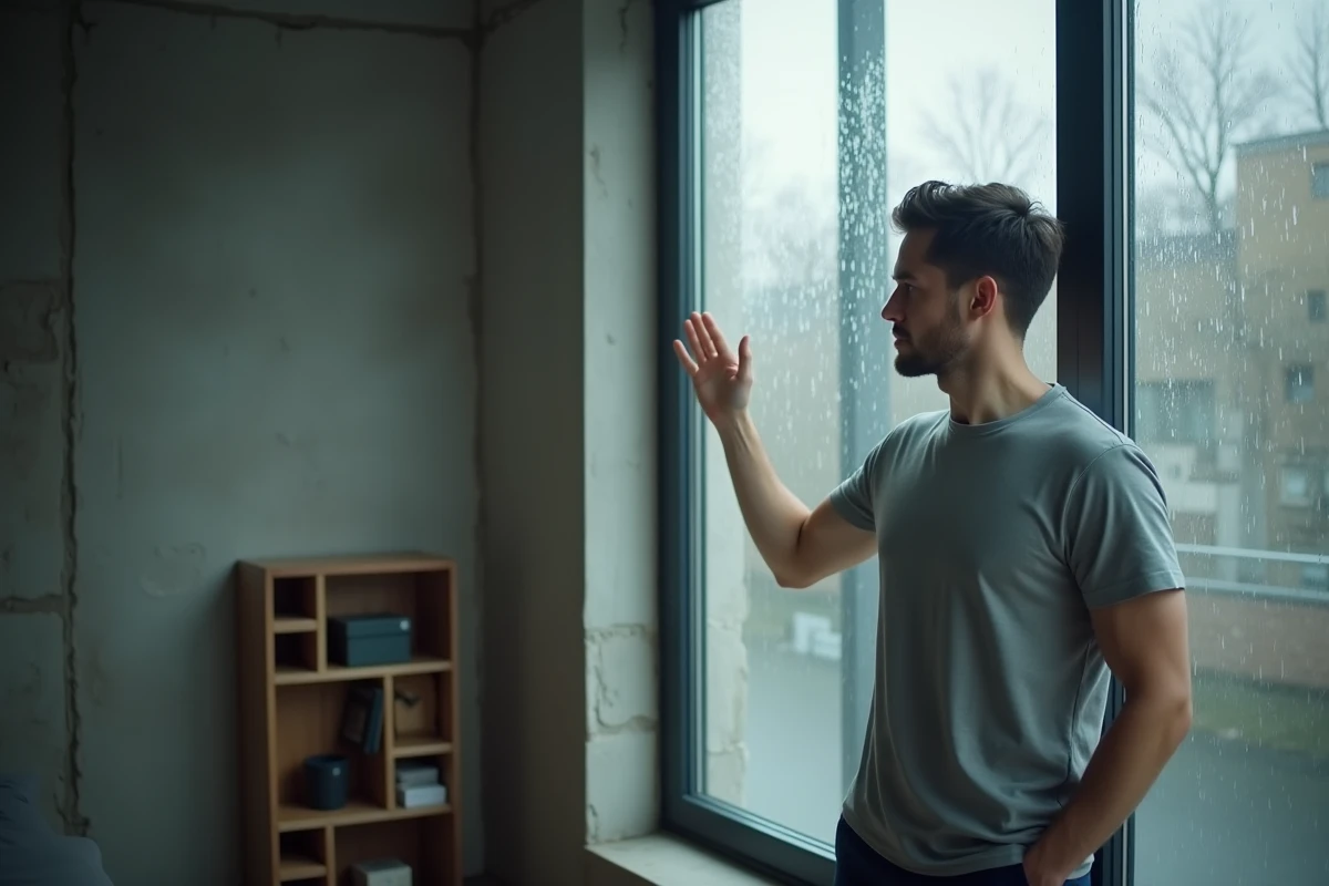 Homme pensif debout près d'une fenêtre sous la pluie dans un appartement minimaliste, symbolisant l'attente et la séparation des flammes jumelles