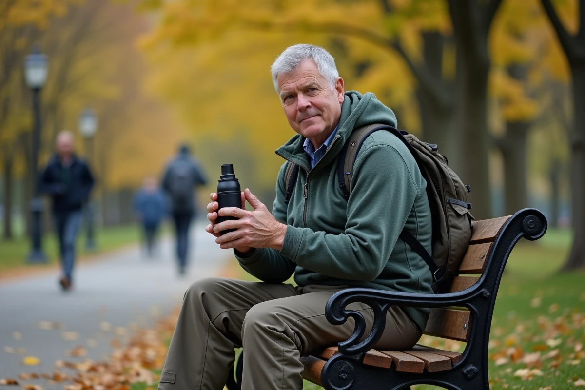 Homme en randonnée montrant un spray de sécurité