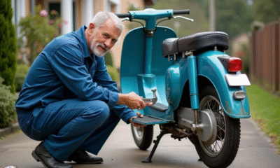 Homme en bleu répare un moped Dax en extérieur