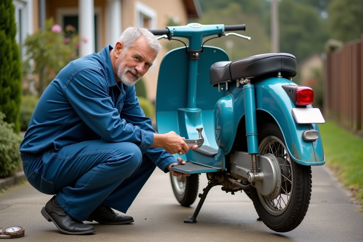 Homme en bleu répare un moped Dax en extérieur
