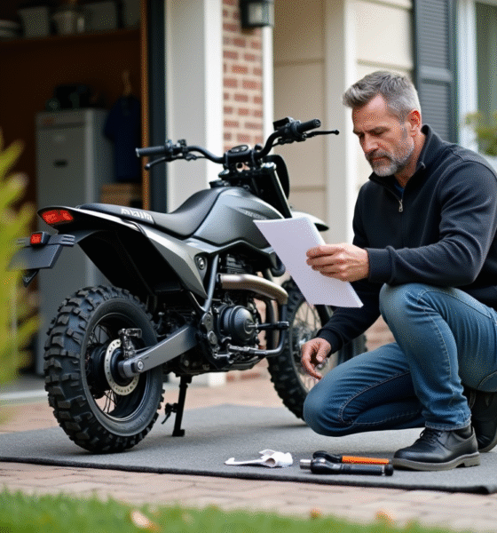 Homme d'âge moyen avec moto Piwi en extérieur