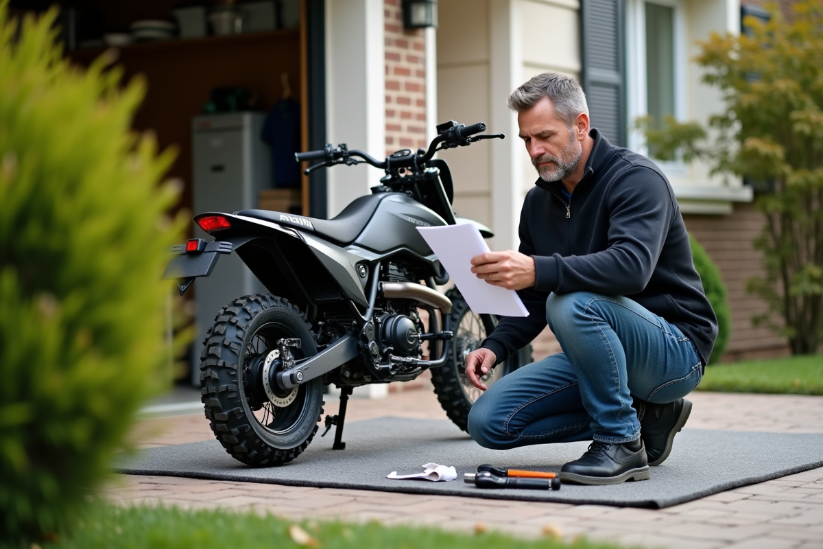 Homme d'âge moyen avec moto Piwi en extérieur
