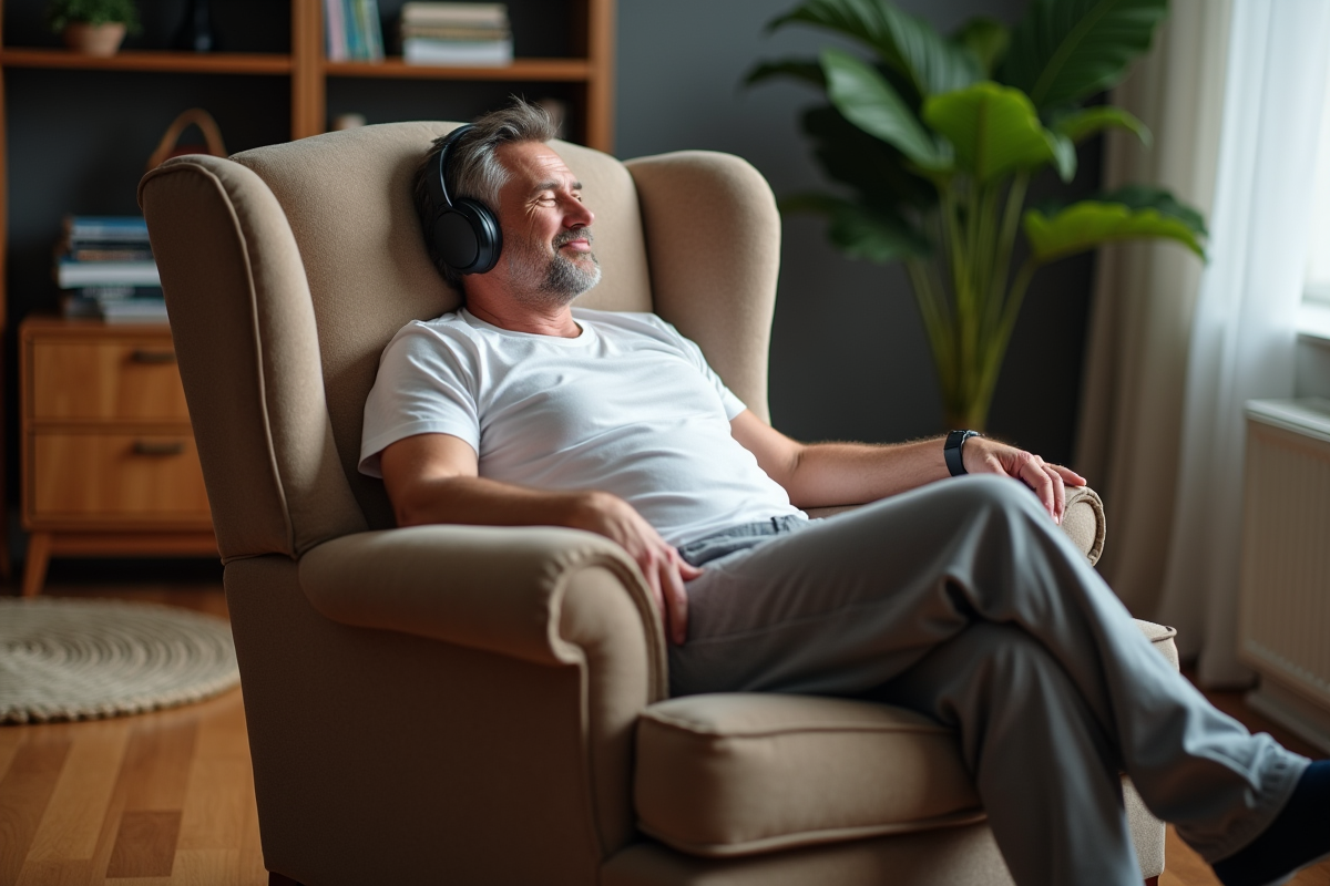 Homme détendu écoutant de la musique dans son salon cosy