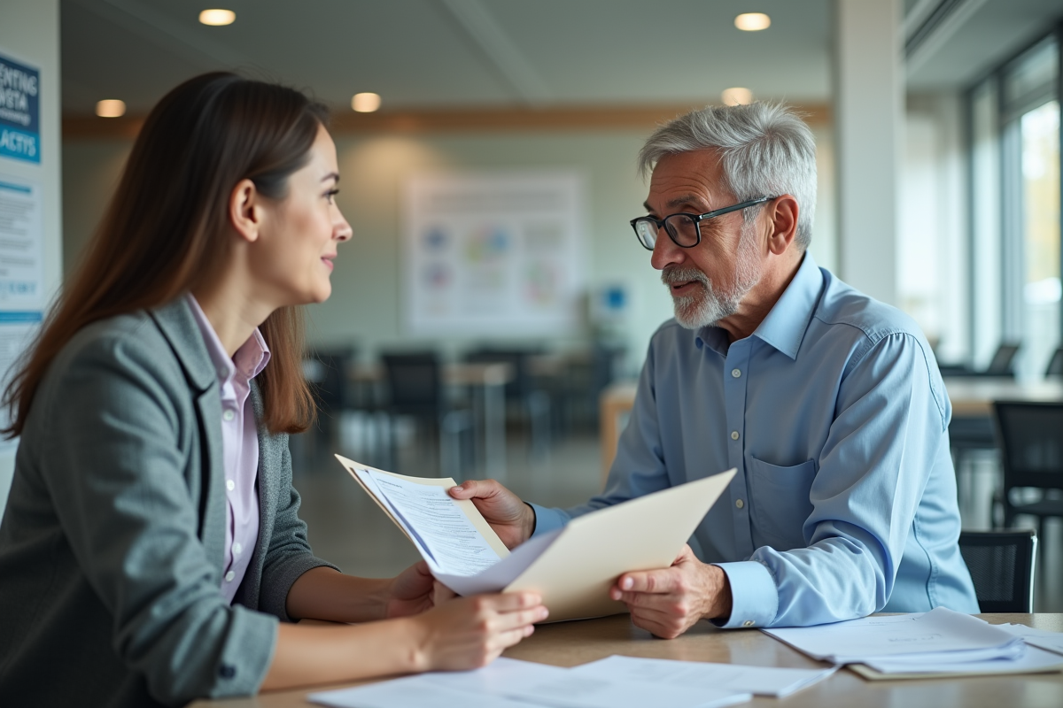 Homme senior discutant avec une femme dans un bureau