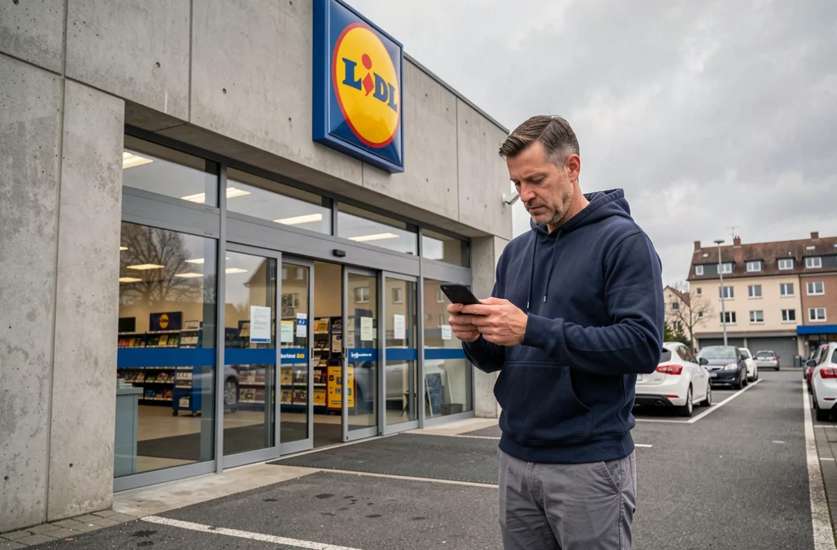 Homme consultant son smartphone devant l'entrée d'un supermarché Lidl en milieu urbain