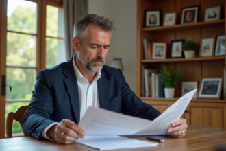 Homme d'âge moyen étudie des documents immobiliers dans un salon lumineux