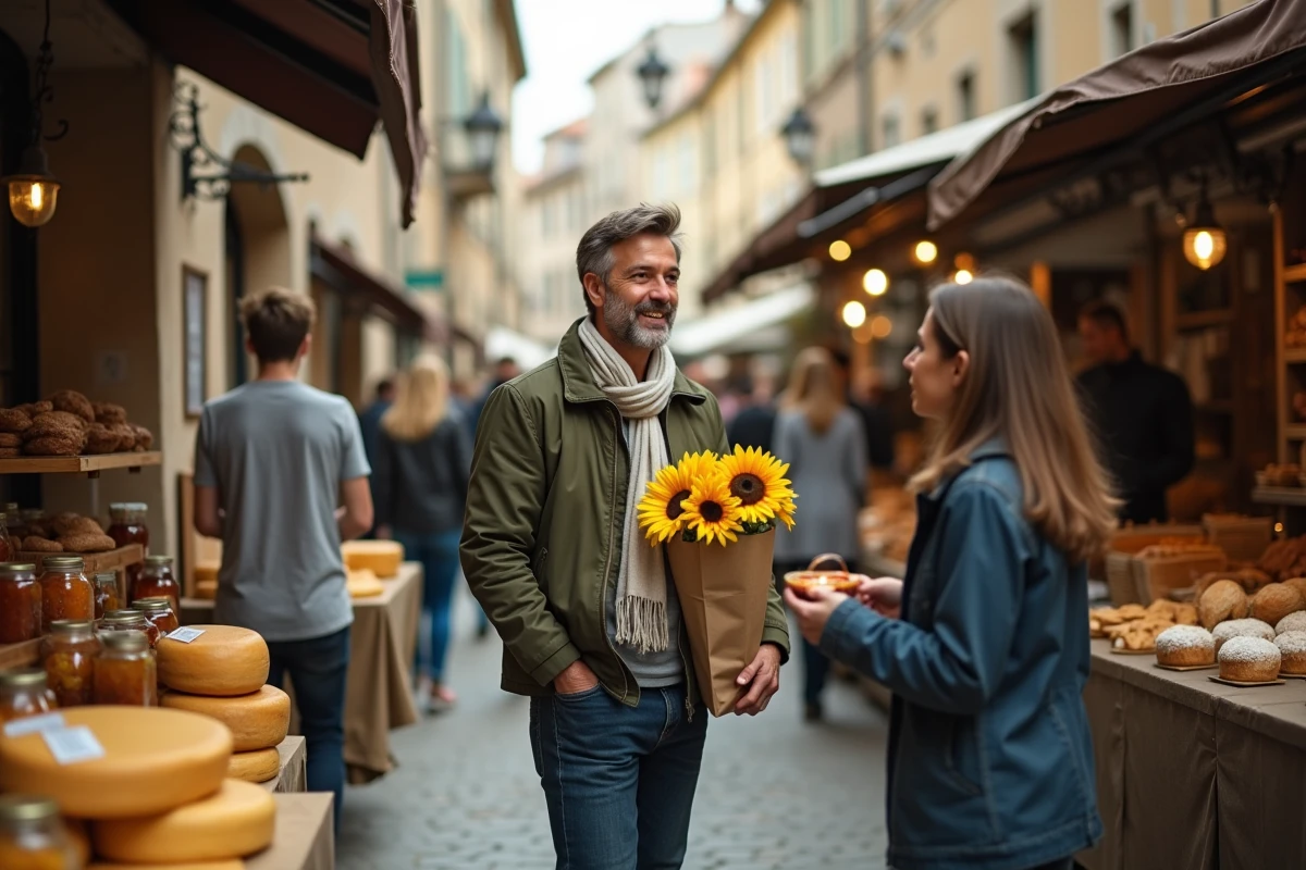 Homme conversant avec un vendeur au marché du dimanche matin dans une ruelle commerçante animée