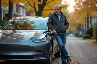 Homme d'âge moyen examine la prise de charge d'une voiture électrique