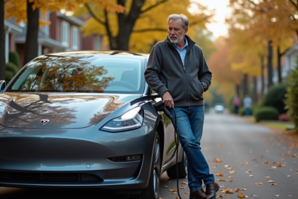 Homme d'âge moyen examine la prise de charge d'une voiture électrique