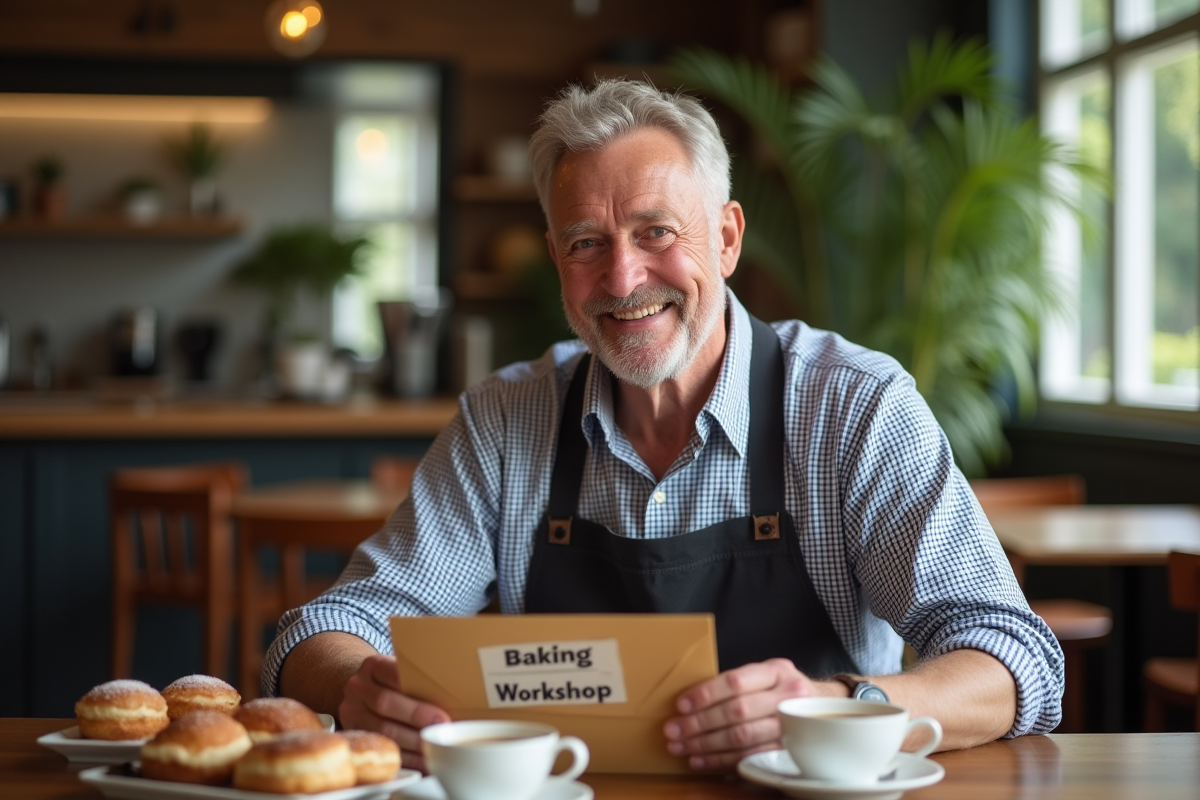 Homme senior avec bon cadeau pâtisserie et café