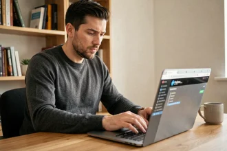 Homme utilisant un VPN sur son ordinateur portable dans un bureau à domicile pour sécuriser sa connexion internet