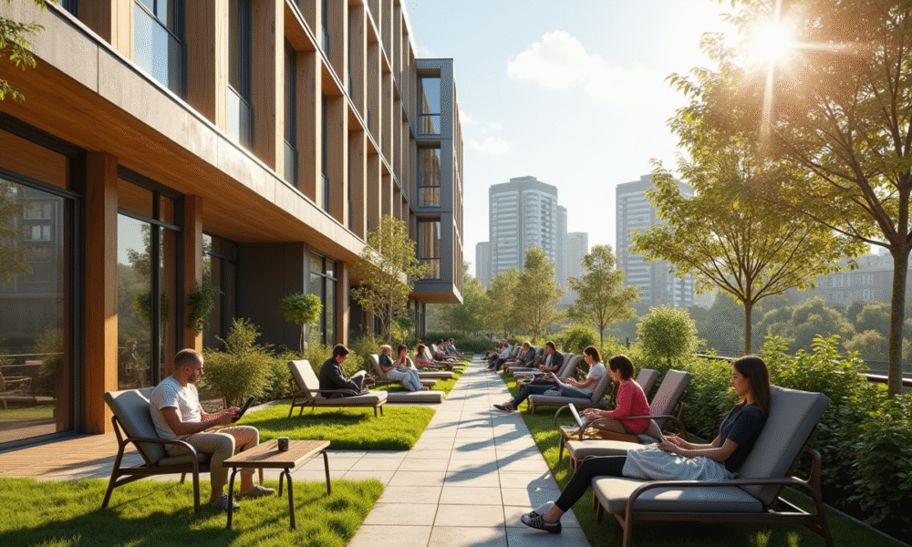 Bâtiment coliving moderne avec jardin sur le toit ensoleillé