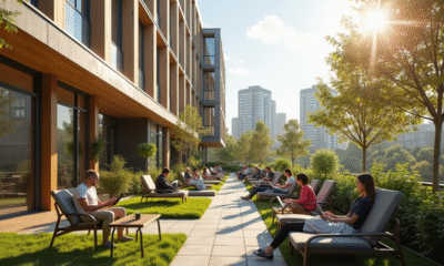Bâtiment coliving moderne avec jardin sur le toit ensoleillé