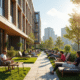 Bâtiment coliving moderne avec jardin sur le toit ensoleillé