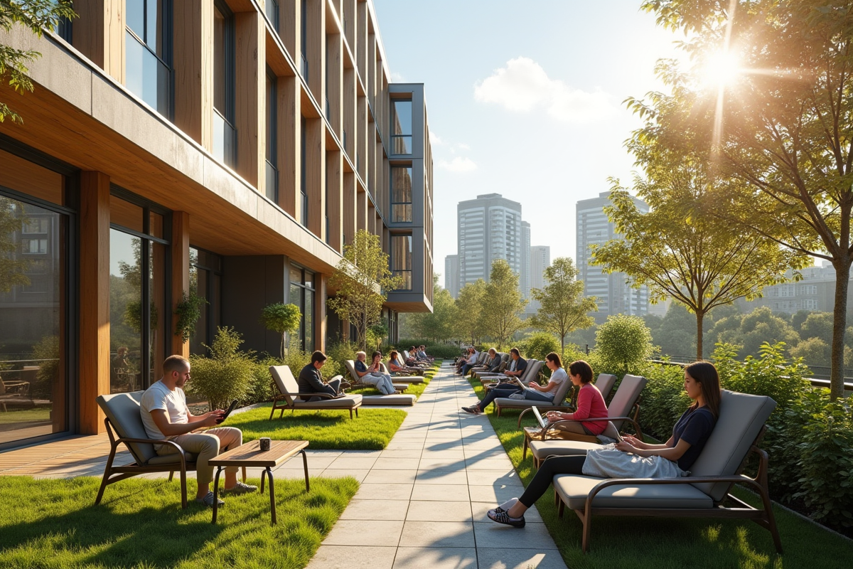Bâtiment coliving moderne avec jardin sur le toit ensoleillé