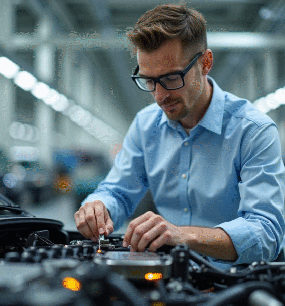 Jeune ingénieur automobile examinant un châssis futuriste