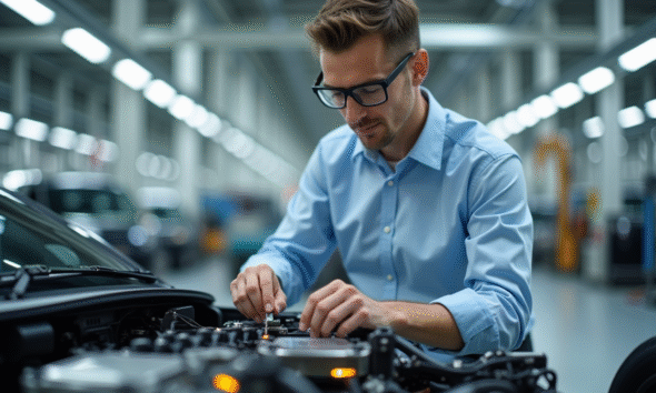 Jeune ingénieur automobile examinant un châssis futuriste