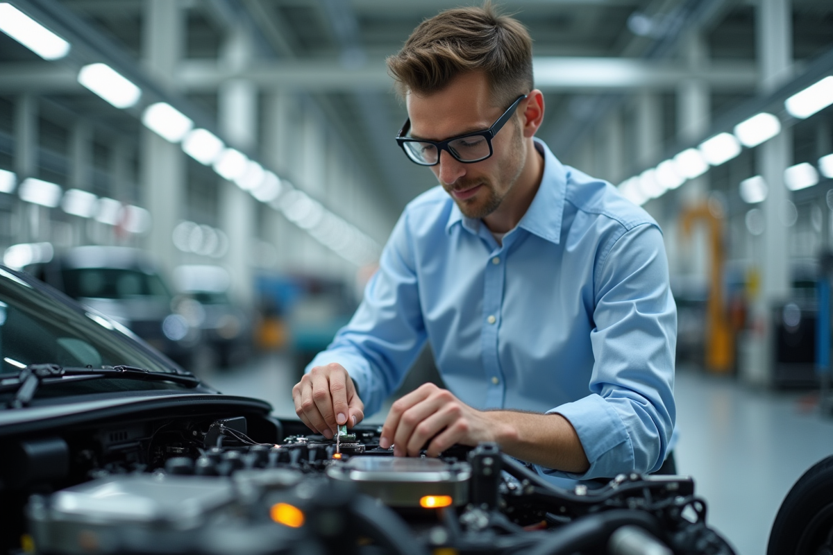 Jeune ingénieur automobile examinant un châssis futuriste