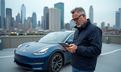 Ingénieur automobile vérifiant une voiture électrique en ville