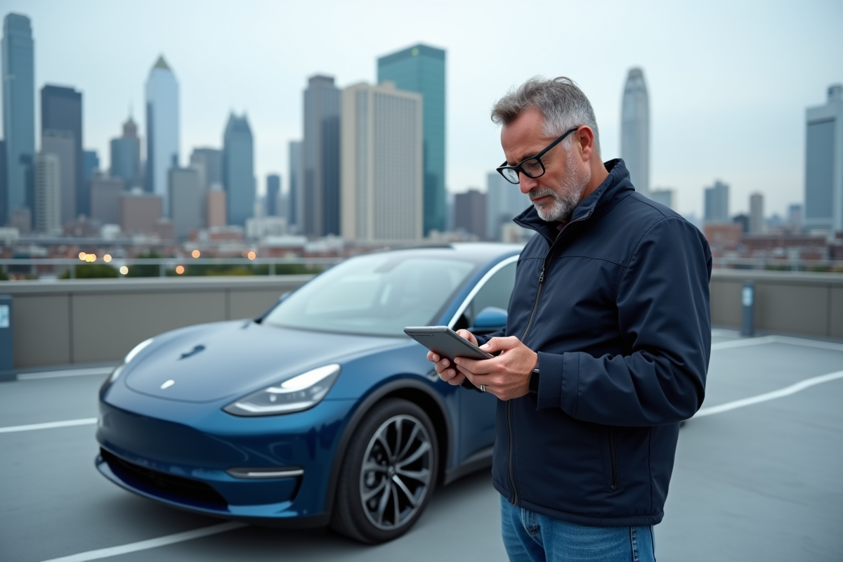 Ingénieur automobile vérifiant une voiture électrique en ville