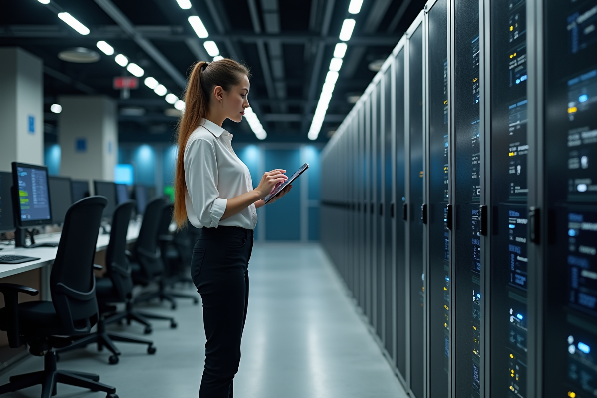 Jeune femme ingénieure avec rack serveur et tablette dans un espace tech