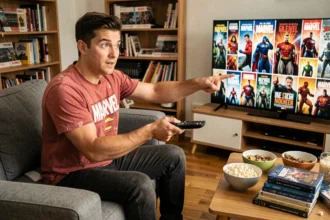 Jeune homme en t-shirt Marvel assis sur un canapé tenant une télécommande devant un écran affichant des affiches de films MCU, ambiance marathon cinéma à la maison