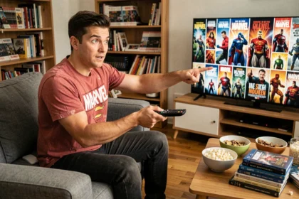 Jeune homme en t-shirt Marvel assis sur un canapé tenant une télécommande devant un écran affichant des affiches de films MCU, ambiance marathon cinéma à la maison