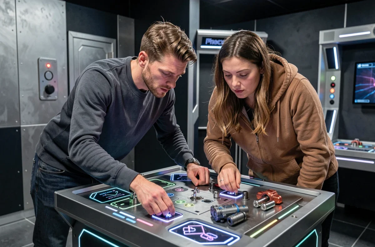 Deux joueurs devant un décor futuriste et des énigmes technologiques à l'Inoui Escape de Faches-Thumesnil