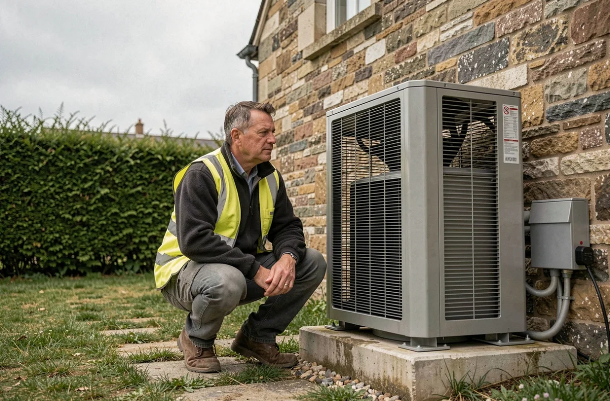 Chauffagiste installant une pompe à chaleur air-air sur une maison en pierre bretonne en Ille-et-Vilaine